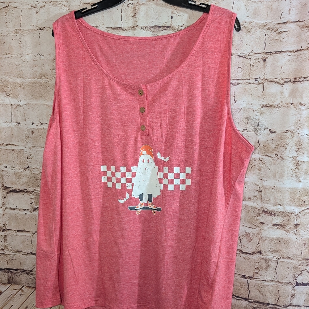 #2 pink sleeveless tank top featuring a graphic of a ghost skateboarding Xxxl